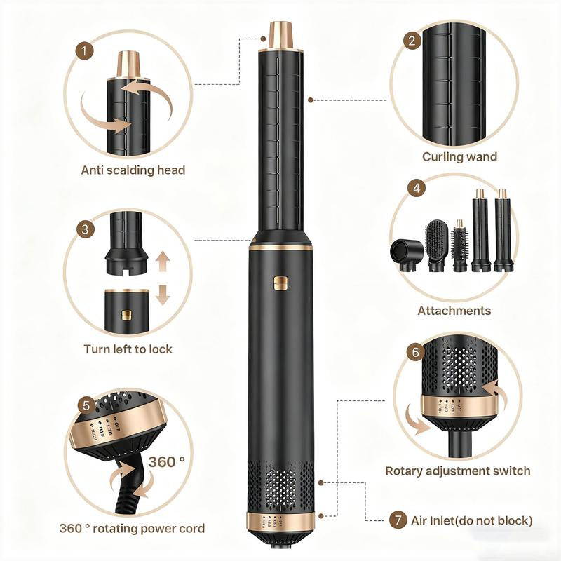 5-In-1 Air Styler Zero Heat Damage 203 ° F Lightweight Hair Dryer & Straightening Multi-Functional Styler Auto Curling Wand Auto Rotating Curler Straightener Comb Black Straightener Straightening Brush Gift& Curler Xmas Gift Air Styler